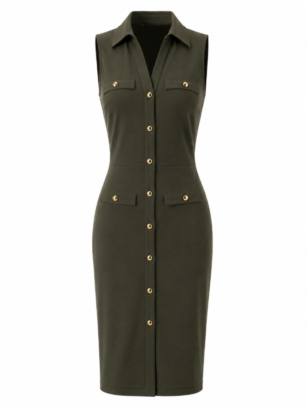 Michael Kors Olive Green Sleeveless Gold Button Midi Shirt Dress — Size Small